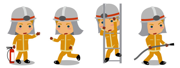 Obraz premium Firefighter in Action Set Cartoon Fireman Character Collection Firefighter Professions and Equipment