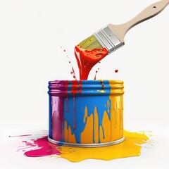 Colorful paint spills from a can, touched by a paintbrush.