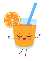 Vector flat illustration of a cute orange juice glass character with arms and legs, straw and orange slice