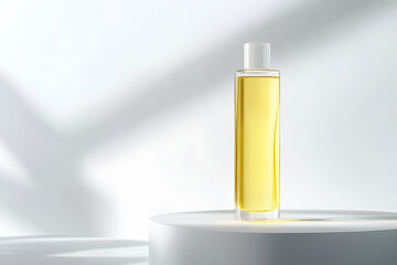 Vegetable oil or olive in bottle plastic clear tall with white lid on white background with natural light and shadow. Packaging template. Copy space. Design presentation, organic food for cooking.