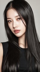 Fototapeta premium Portrait of a Young Woman with Long Black Hair