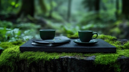 Dark green teacups on a moss-covered log in a tranquil forest setting