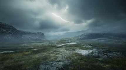 Obraz premium A realistic stormy landscape, momentarily illuminated by a lightning strike that adds a flash of electrifying brilliance to the darkened skies and rugged terrain.