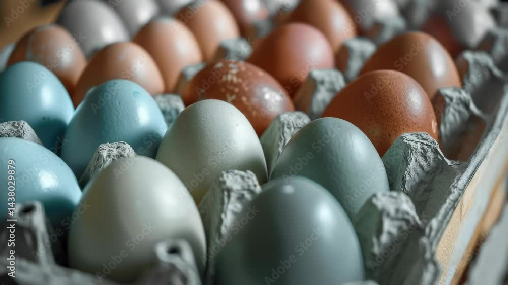 Poster a carton of eggs with different colors and sizes. the eggs are arranged in a way that they are not t