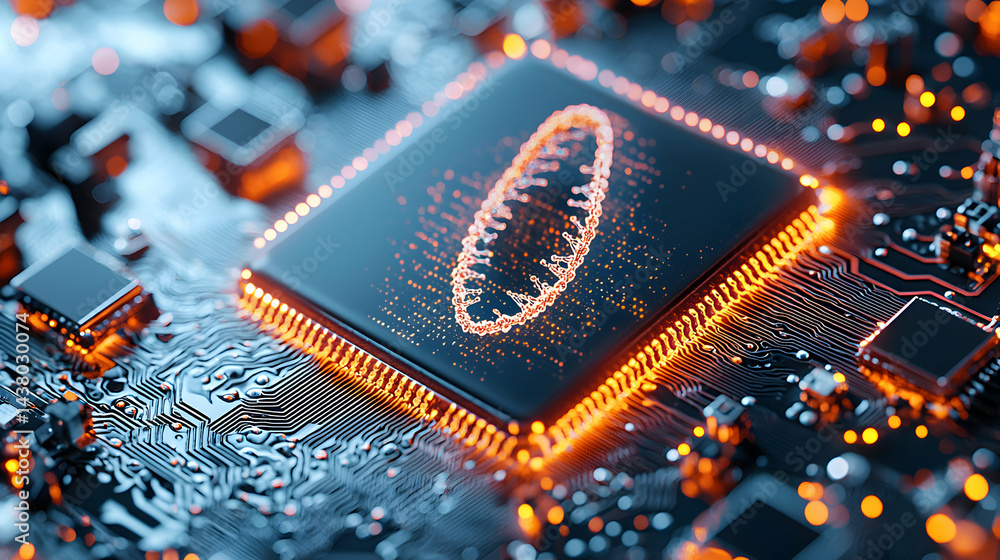 Poster a detailed image of a circuit board with a dna strand design on a central processor. suggests bioinf