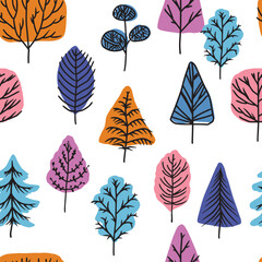 Autumn nature design with seamless pattern of colorful fall leaves and trees creates a vibrant seasonal wallpaper