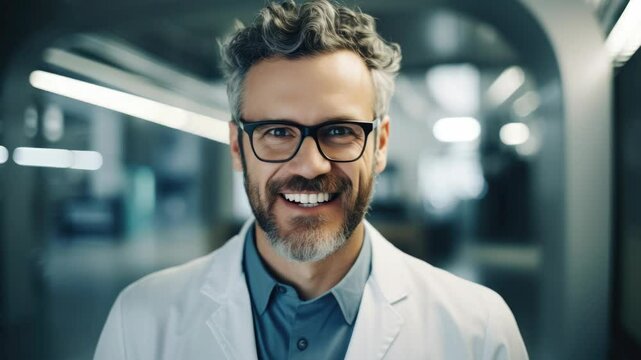 A man wearing glasses and a white lab coat is smiling. He looks happy and friendly. Concept of warmth and approachability