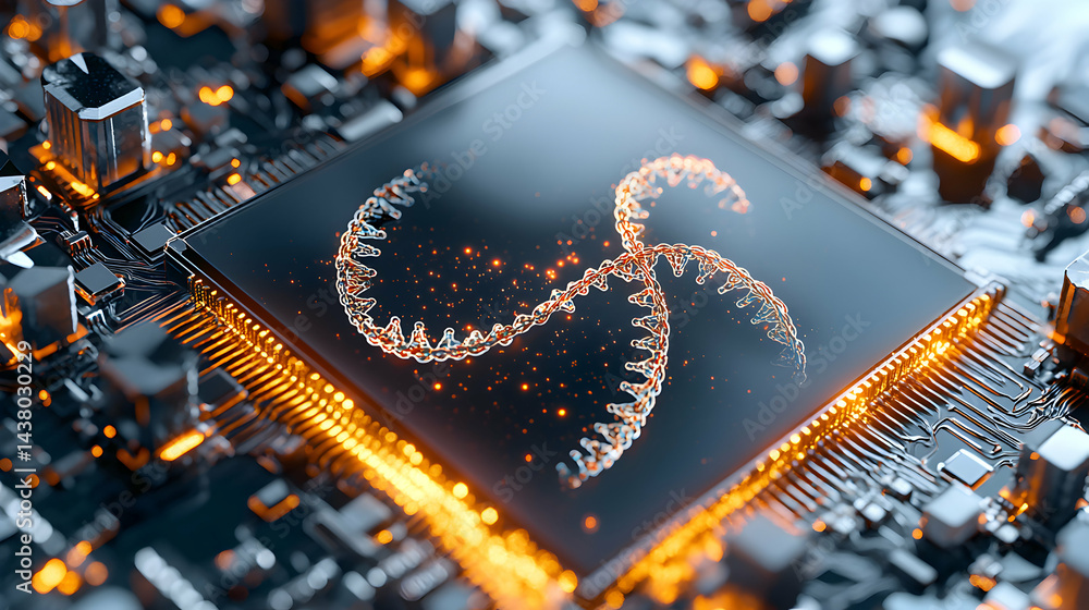 Poster this image depicts a dna strand integrated within a circuit board possibly representing advancements