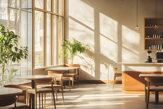 Coffee shop. Modern interior design of cafe with bar counter and tables. Decoration of space. Elegant furnishings chair, table. warm, soft morning sunlight streaming through windows.