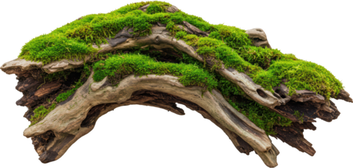 Lush green moss covering weathered driftwood branches isolated transparent background
