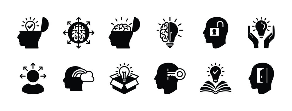 Open minded icon vector set. Containing human head with brain, idea, creativity, innovation, inspiration, imagination, creative, light bulb, thinking, learning, insight. Illustration