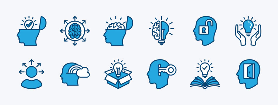 Set of open minded icon vector. Containing human head with brain, idea, creativity, innovation, inspiration, imagination, creative, light bulb, thinking, learning, insight. Illustration