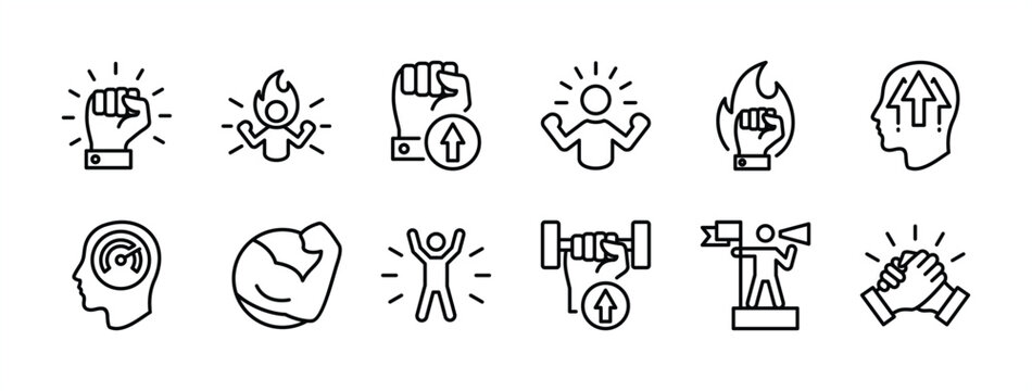 Willpower thin line icon set. Containing motivation, confident, human energy, determination, ambition, strong, leadership, hand power, together, spirit, passion. Vector illustration
