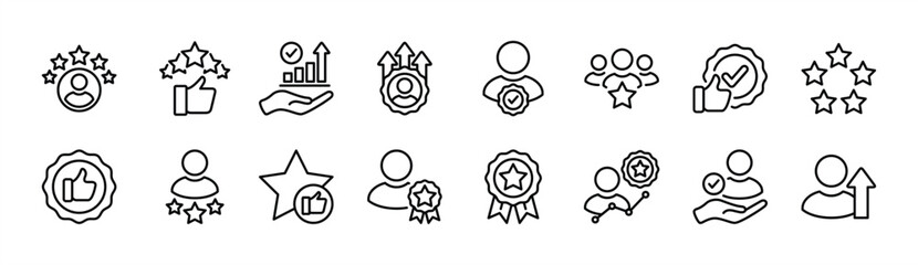 Person reputation thin line icon set. Containing review, rating, feedback, opinion, comment, satisfaction, support, service, quality, evaluation, choice, positive, life events. Vector illustration