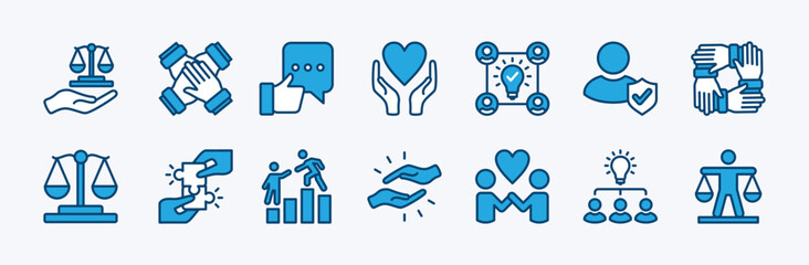 Set of integrity icon. Contains behavior, action, trust, accurateness, honesty, truth, scale, help, human relationships, unity, sincere, trustworthy, responsible, consistent. Vector illustration