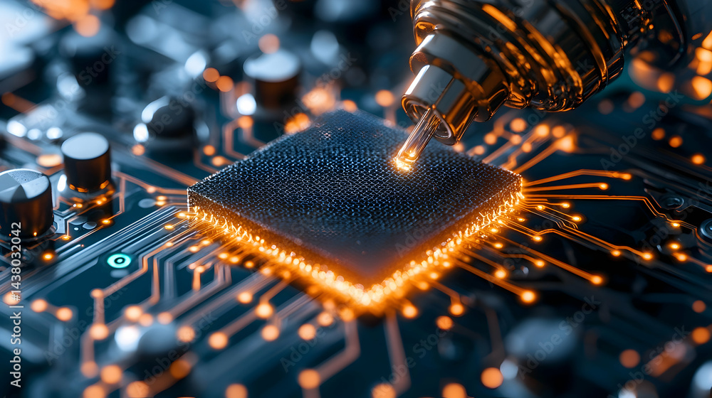 Poster a close-up of a motherboard. it features a central processing unit with circuit paths glowing with a