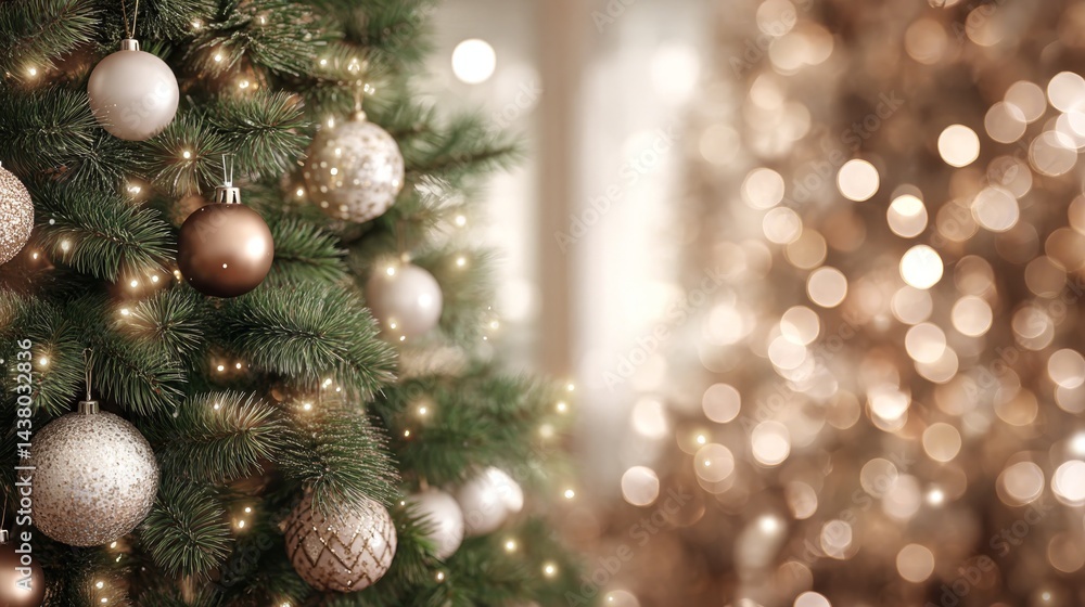 Poster Glowing evergreen stands adorned with shimmering silver ornaments and twinkling lights, creating a festive atmosphere perfect for holiday designs and decorations