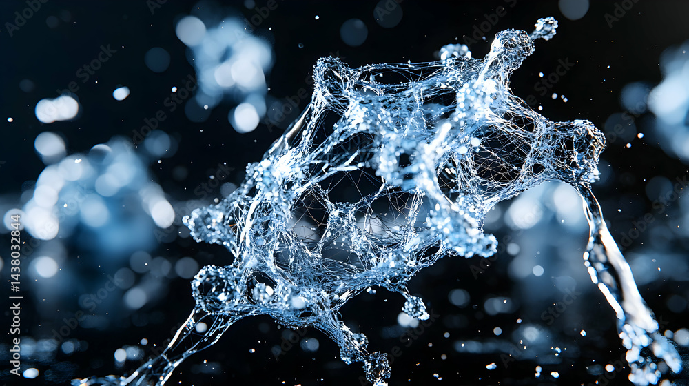 Poster a close-up shot of water splash creating a complex network of droplets and streams. use as visual fo