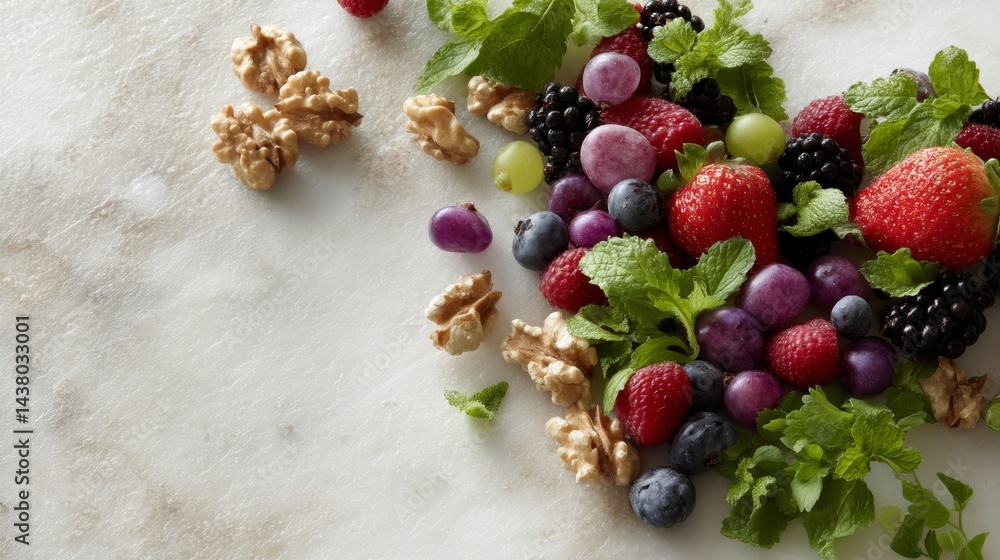 Poster colorful assortment of berries, nuts, and leafy greens thoughtfully arranged in a heart shape, creat