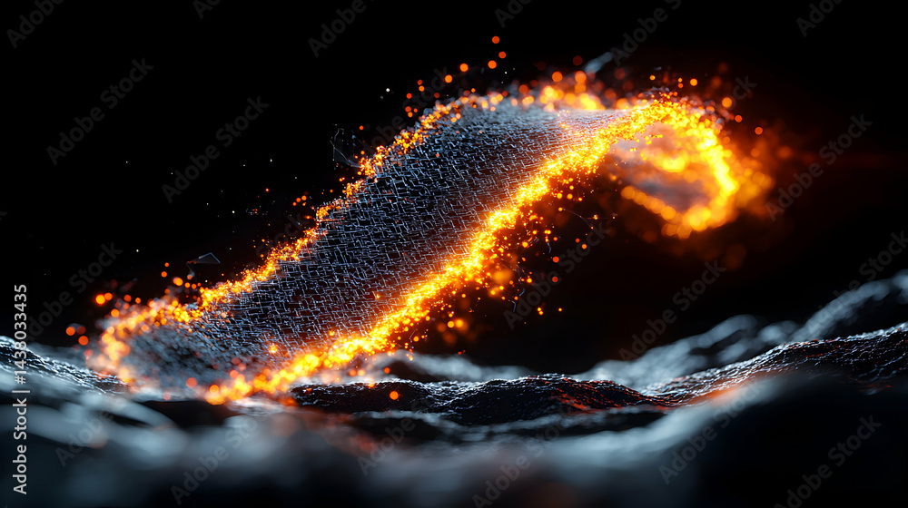 Poster abstract digital artwork showing a fiery wave over a dark textured surface. perfect for tech present