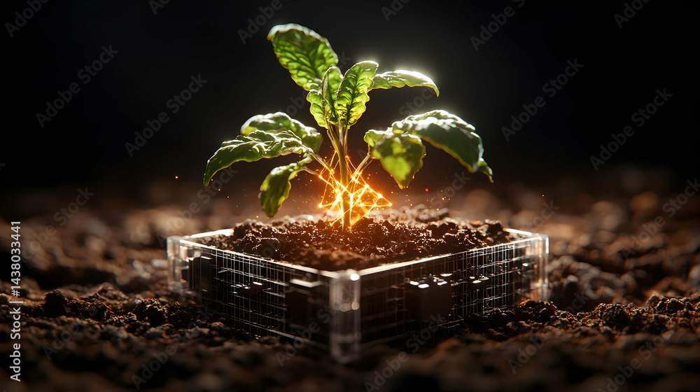 Poster a plant grows from a technological base representing ai and innovation. it suggests a merging of nat