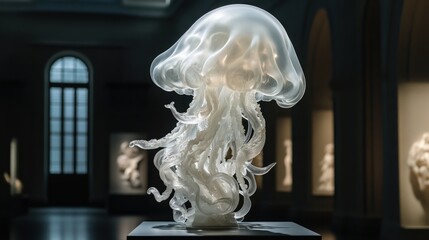 A stunning white marble sculpture of a delicate jellyfish, intricately carved with flowing tendrils and soft organic curves, set against a dark museum backdrop, illuminated by soft lighting.
