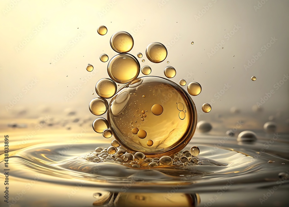 Poster golden liquid with floating spheres and surface ripples in a close up abstract presentation view