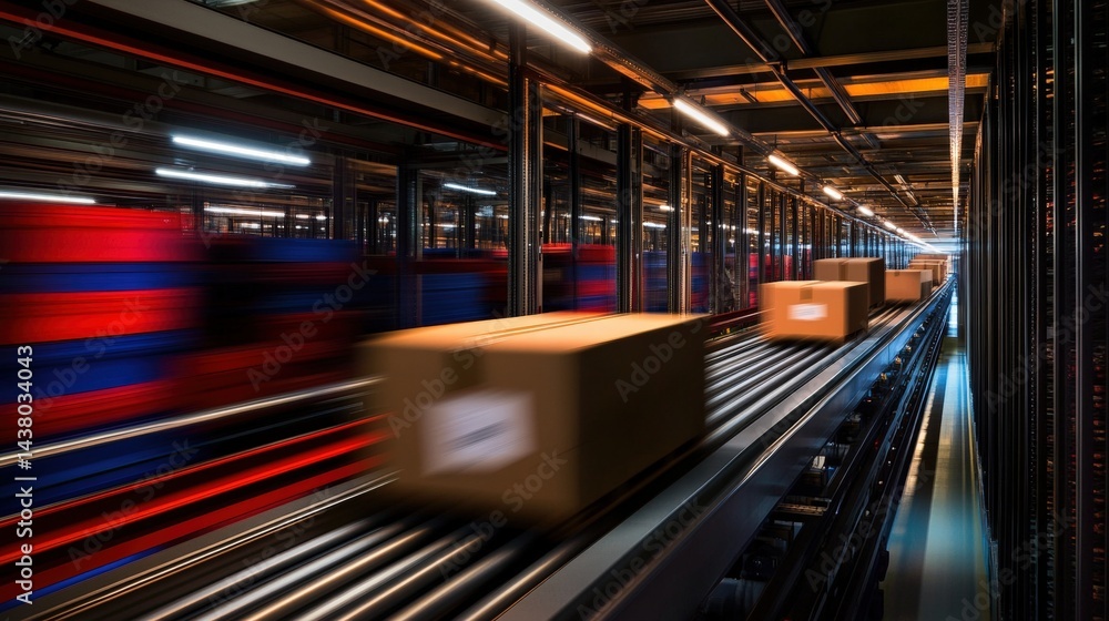 Poster a conveyor system swiftly transports packages through an automated warehouse with dynamic lighting a