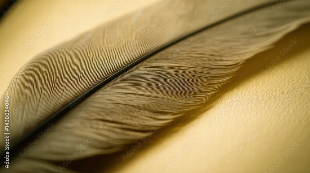 Poster delicate feather gracefully resting on a table surface showcasing its unique structure and texture