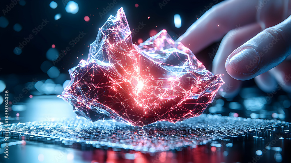 Poster a digital artwork showcasing a glowing crystal structure. it may represent data processing or energy