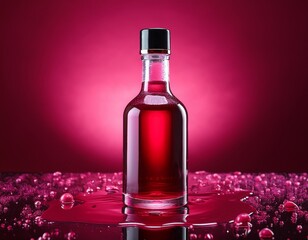 a captivating studio shot captures a sleek modern bottle filled with a vibrant crimson liquid the bottle stands amidst glistening spills against a richly saturated background