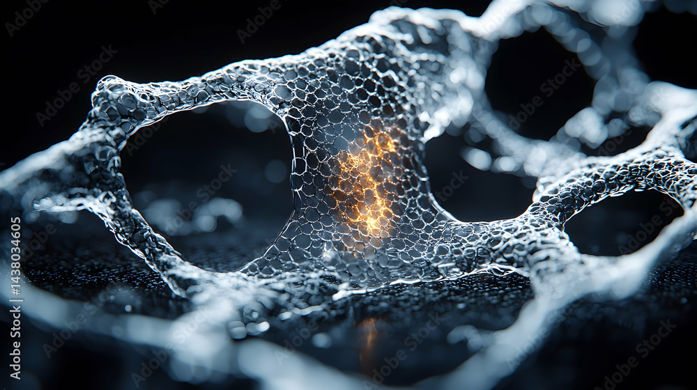 Poster an abstract image featuring a translucent cellular structure with an inner glowing core. it resemble