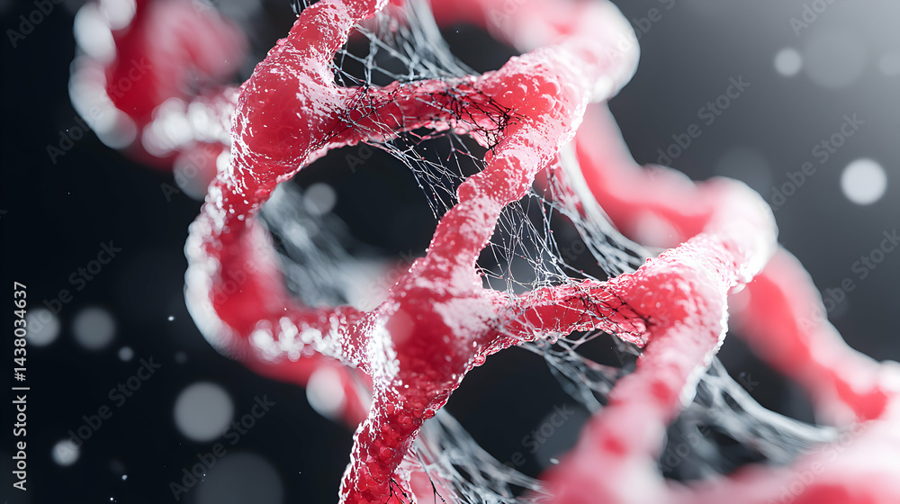 Poster a close up artistic rendering of a biological structure resembling dna or cellular components. suita