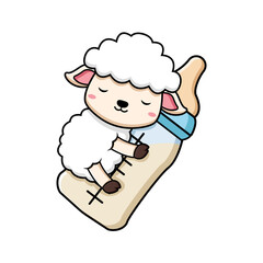 Cute Sheep Sleep on Baby Milk Bottle Animal Character Icon Illustration. Flat Cartoon Style Suitable for Web Landing Page, Banner, Sticker, Card