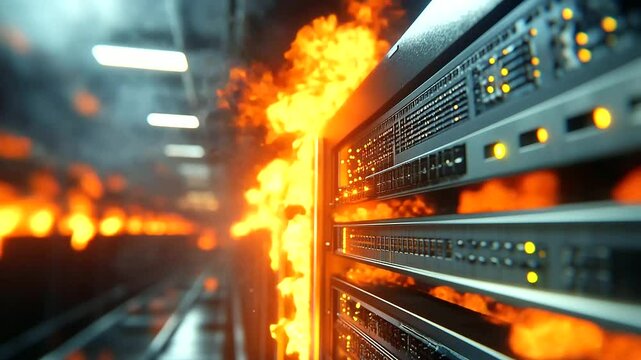 Close-up of a server rack on fire inside a data center, flames burning fiercely. The smoke is thick and overwhelming, making it clear that the situation calls for immediate emergen