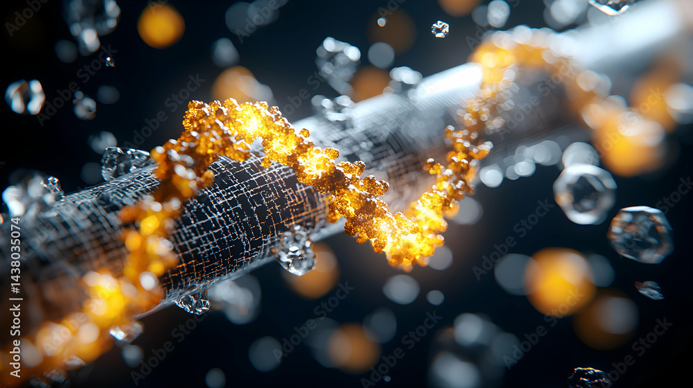 Poster an abstract image showcasing glowing gold structures enveloping a digital network suggesting complex