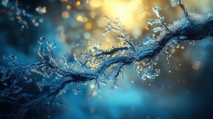 A tranquil, high-definition scene of a frost-covered branch as ice melts into droplets, reflecting the first light of spring. 