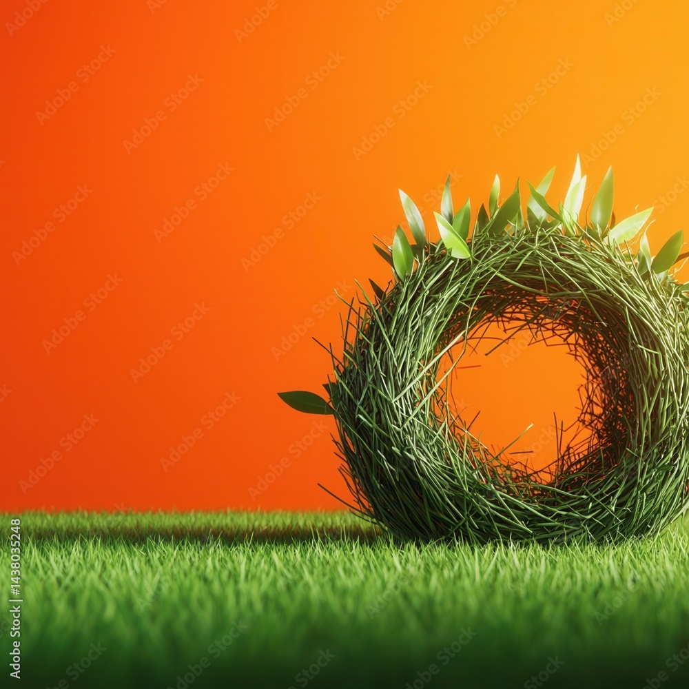 Poster nature conservation and world environment concept nest made of twigs with green leaves on a colorful
