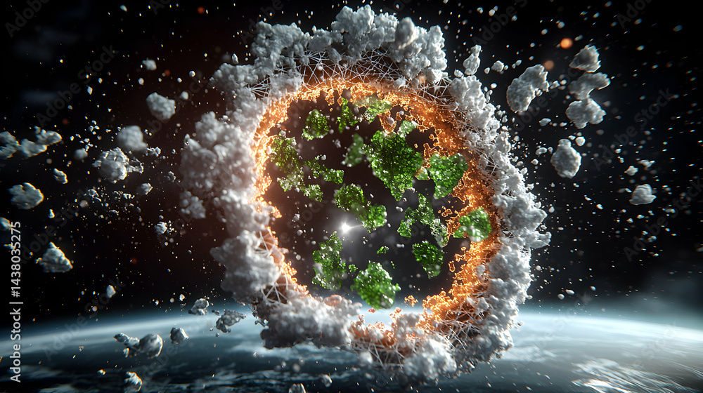 Aufkleber an abstract space scene features a ring-like structure with fiery details and floating debris agains