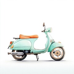 Obraz premium Vintage scooter illustration with a mint green body and orange seat, set against a plain background.