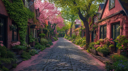 Naklejka premium Charming Residential Street with Lush Greenery