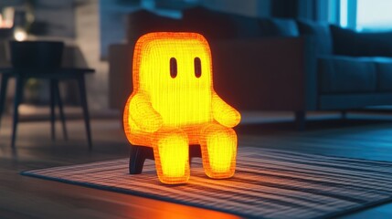 Warm, glowing figure sits on a rug in a living room