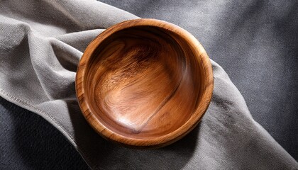 wooden bowl on a gray towel background
