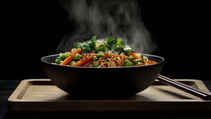 Steaming Hot Asian Noodle Bowl with Fresh Vegetables and Sesame Seeds