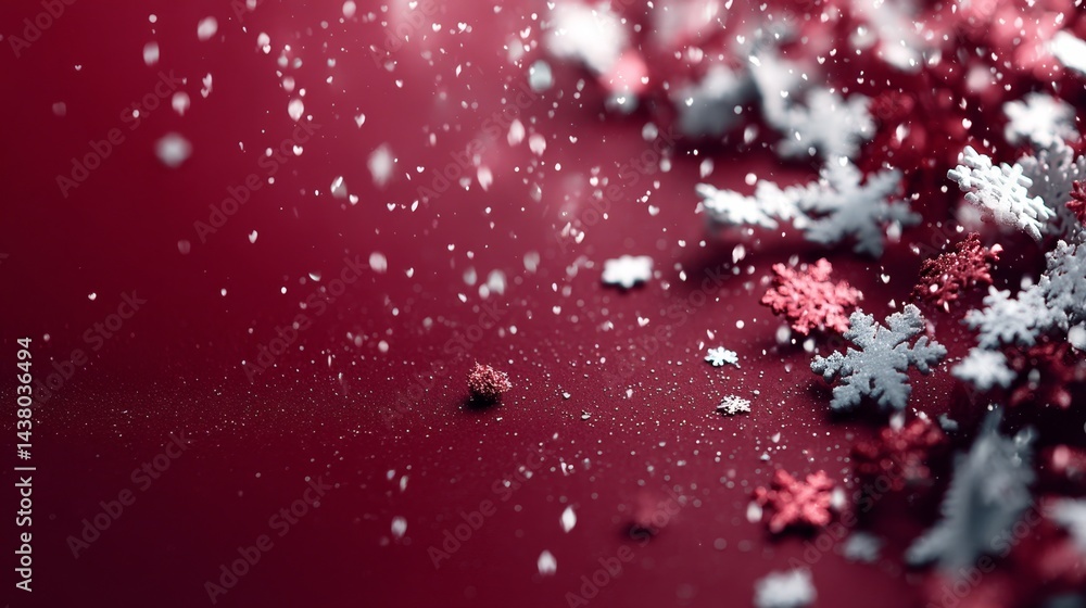 Aufkleber Sparkling snowflakes drift through the air against a rich red backdrop, adding a touch of winter magic and creating an inviting space for holiday messages