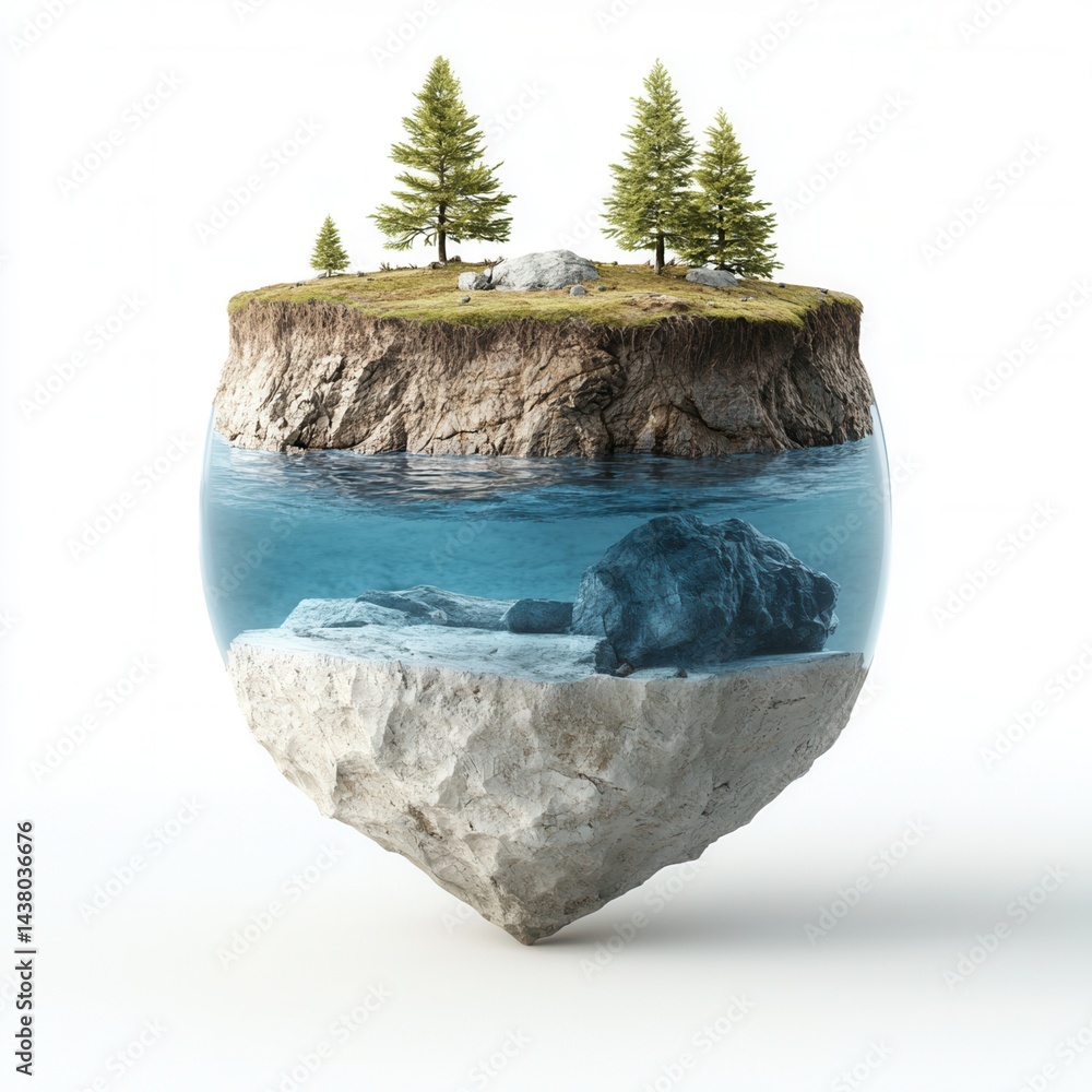 Poster nature conservation and world environment concept floating island with trees and rocks in water.