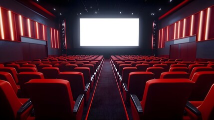 Fototapeta premium Modern Red Cinema Auditorium Interior with Empty Seats and Screen