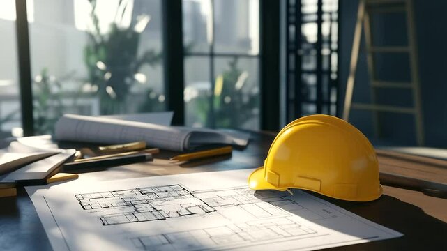 A bright workspace with sunlight illuminating detailed floorplans and job pricing charts. A yellow hard hat adds a bold pop of color among grayscale blueprints.