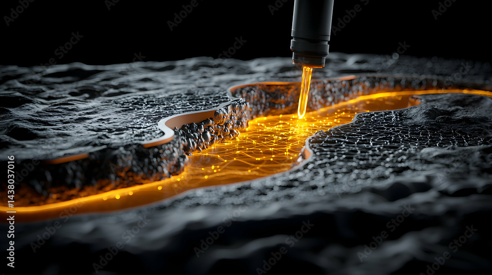 Poster an abstract image showing a cutting process that reveals glowing lines. suggests technology data and
