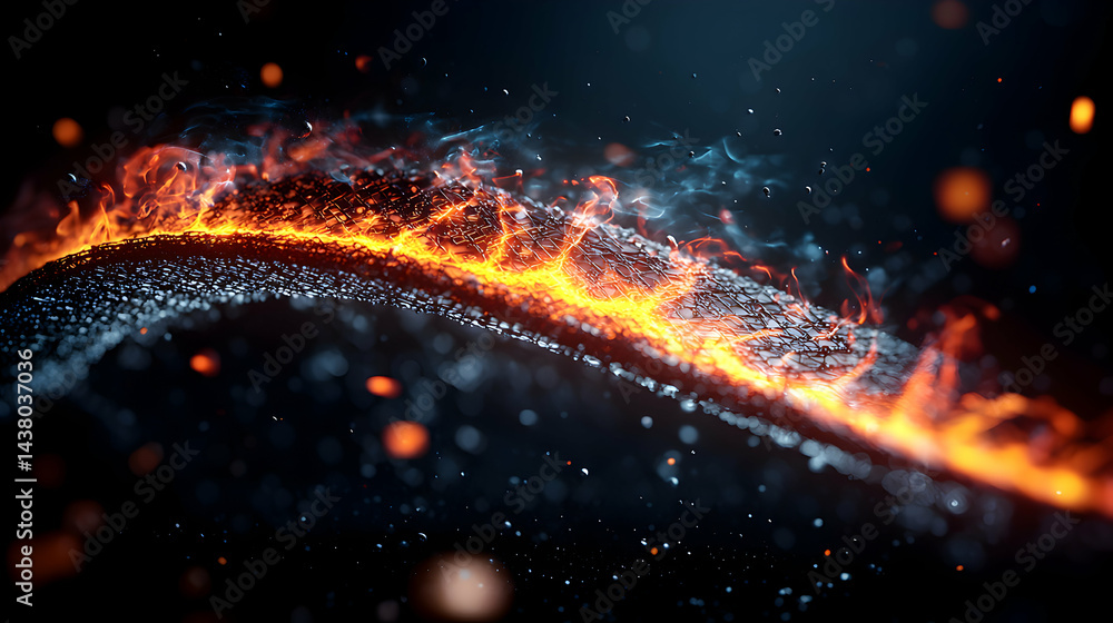 Poster an artistic image featuring a burning fiery structure with a dark background. this could be used for